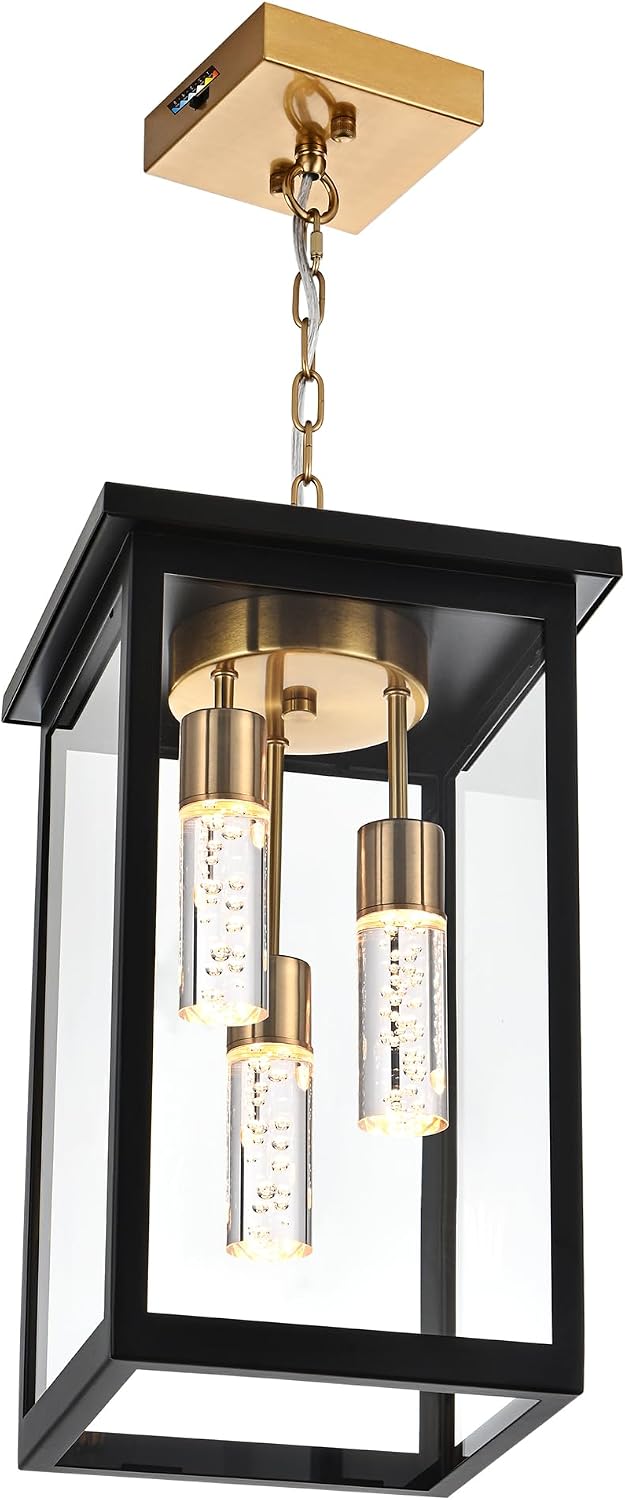 TODOLUZ 5CCT LED Large Outdoor Pendant Light Fixtures, 3-Light LED Integrated Bulbs Included Modern Outdoor Hanging Lighting Ceiling, Clear Glasss Outside Chandelier for Porch Gazebo Entryway