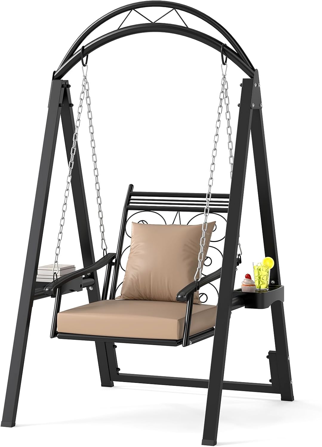 Tangkula Porch Swing with Stand, Outdoor Patio Swing with Heavy-Duty Metal Frame, Removable Cushions, Side Tables, Armrests for Garden, Balcony, Backyard, Poolside