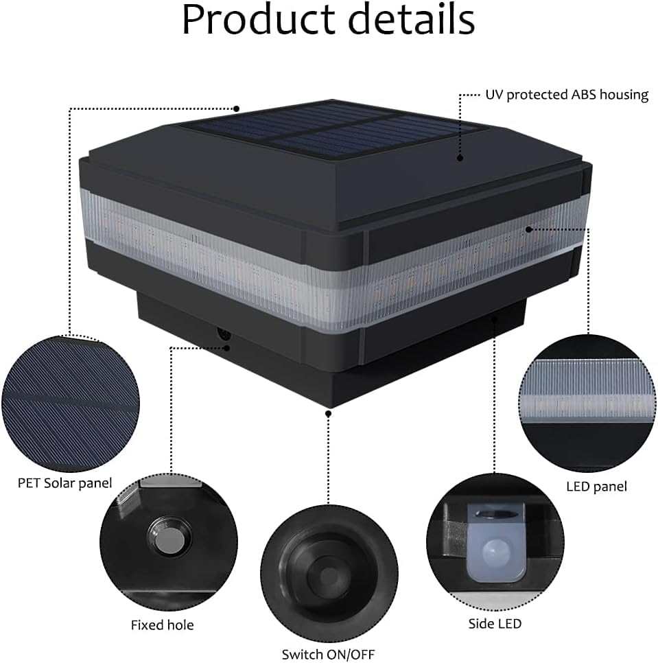 Sumaote 4x4 Solar Post Cap Lights, 160LM 52 LEDs, IP65, Black 4 Pack