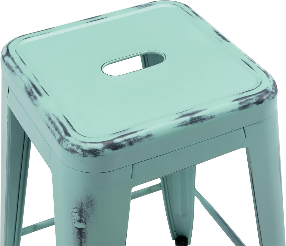 24 Inch Metal Bar Stools Set of 2, Stackable for Indoor Outdoor, Mint Green