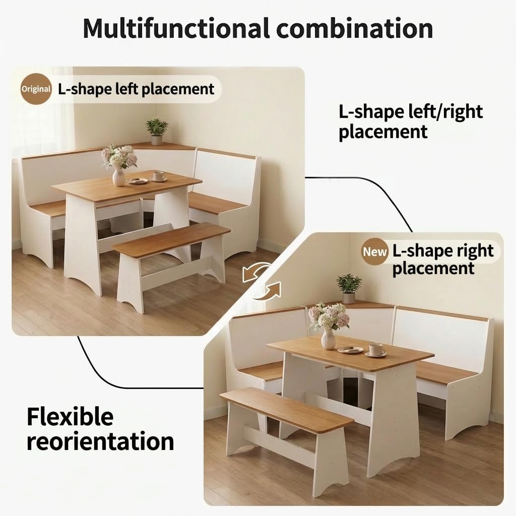 Farmhouse Breakfast Nook Table Set, Dining Nook Set with Corner Bench,with Storage Function Mid Century Modern Small Dining Table Set, Kitchen Table Corner Set (White + Natural)
