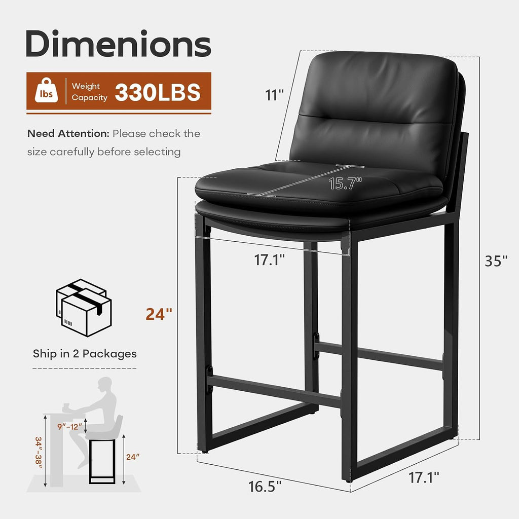 24" Black Counter Height Bar Stools Set of 4, Double-Layer Seat