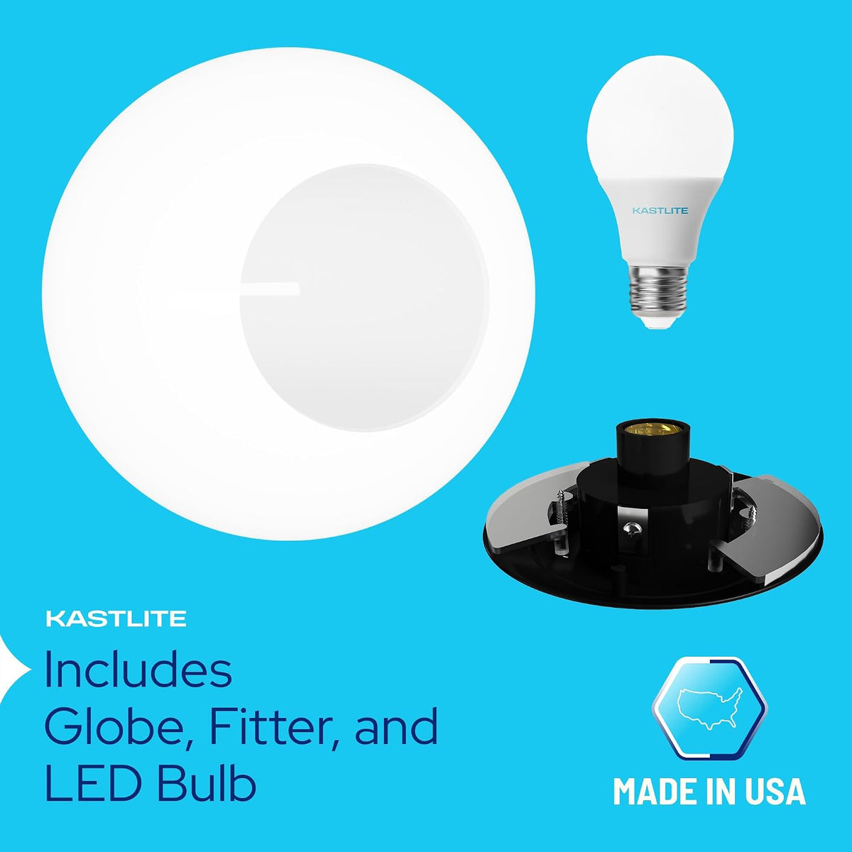 KASTLITE 12" White Lamp Post Globe Fixture, Black Wing Clip Fitter, Bulb