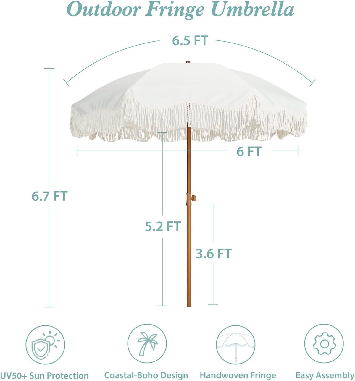 AMMSUN Boho Fringe Umbrella, 6.5ft Outdoor Umbrella with Tassel