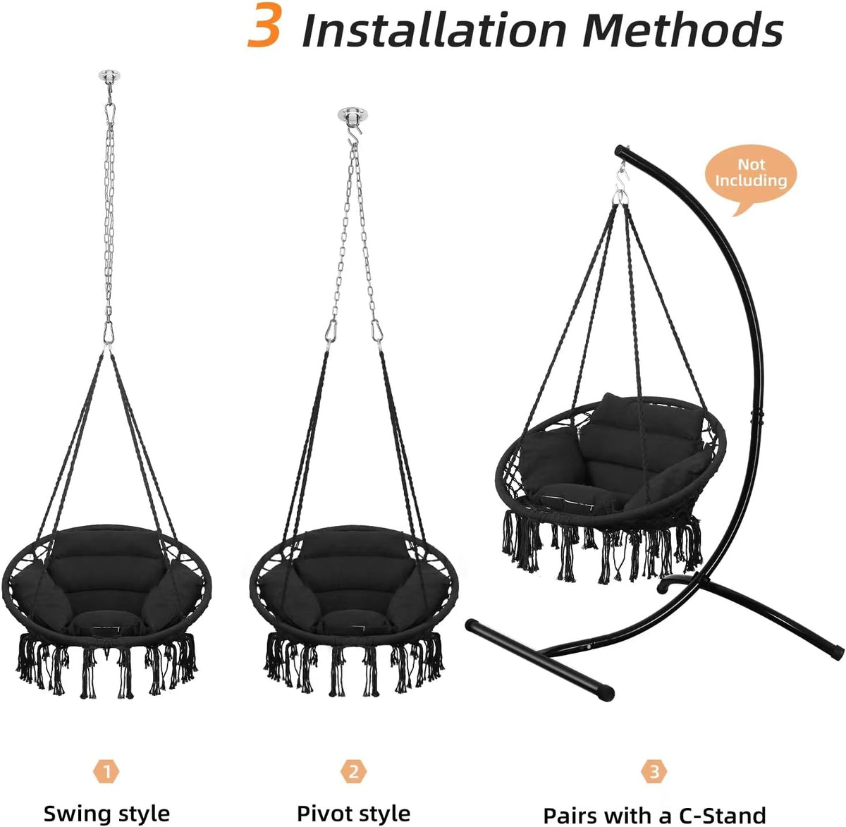 Goutime Hammock Swing Chair Macrame Boho Hanging Chairs Black