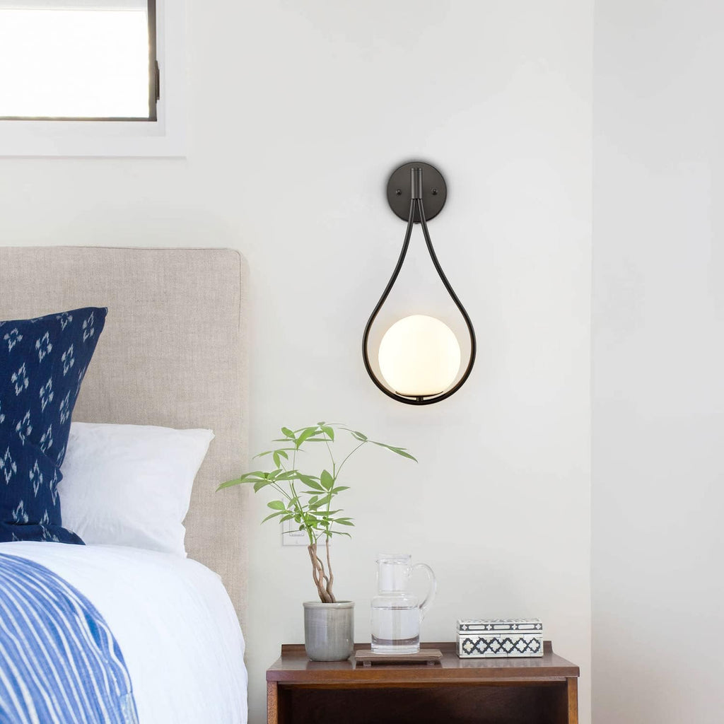HOLKIRT Mid-Century Modern Black Wall Sconces, White Opal Glass Set of 2