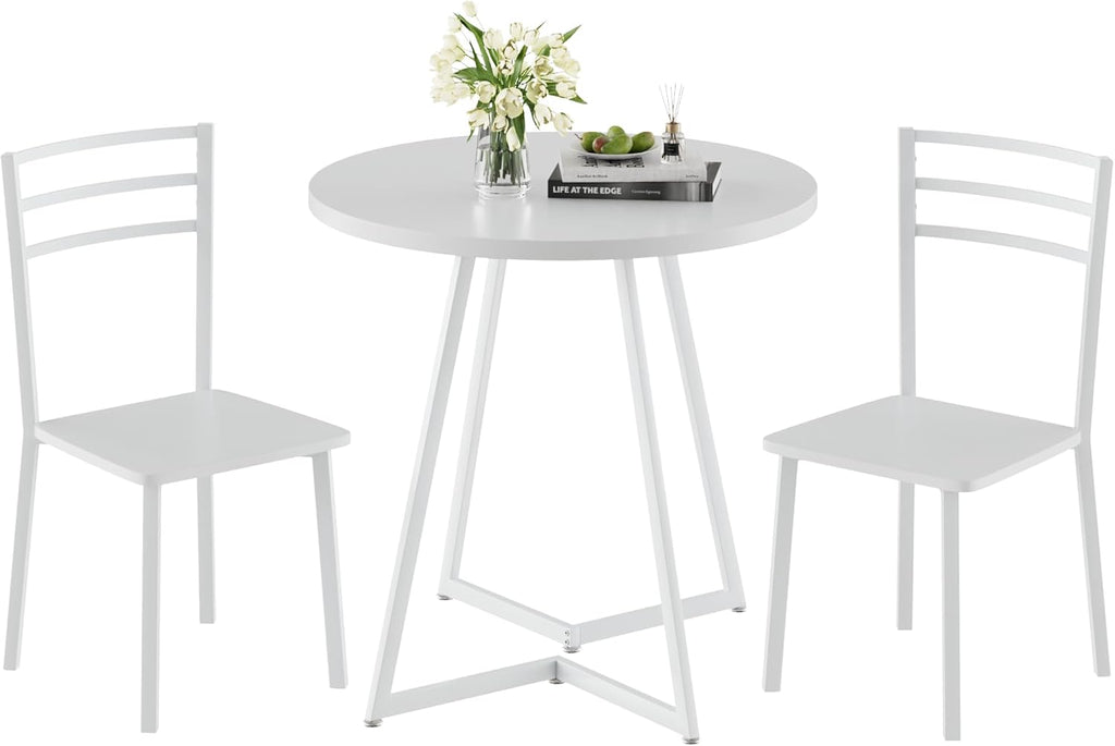 VECELO Small Round Dining Table Set for 2, Wood Tabletop with Strong Metal Frame, Modern Dinette with Chairs for Kitchen, Breakfast Nook Living Room, Pure White