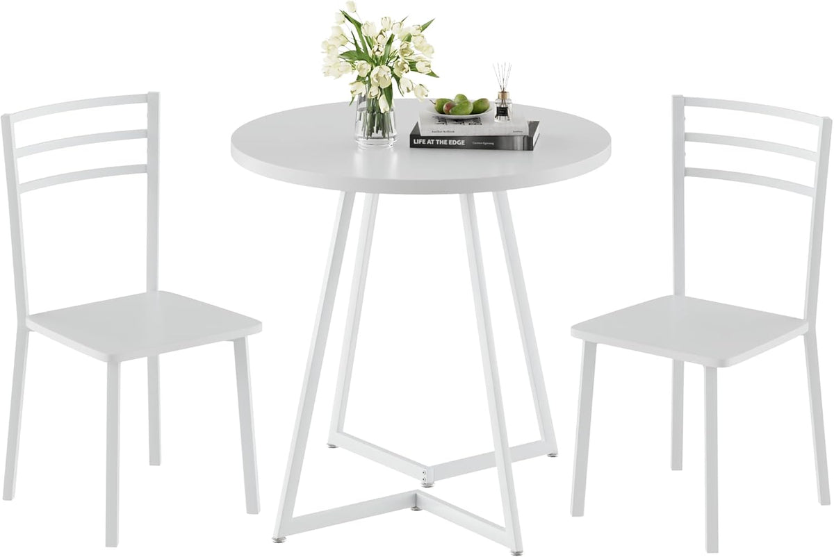 VECELO Small Round Dining Table Set for 2, Wood Tabletop with Strong Metal Frame, Modern Dinette with Chairs for Kitchen, Breakfast Nook Living Room, Pure White