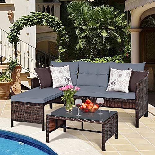 RELAX4LIFE 3-Piece Patio Furniture Set, Outdoor Wicker Sectional Sofa Set w/Washable Cushion, Tempered Glass Coffee Table, Rattan Conversation Set Outdoor Couch for Garden Backyard Deck (Grey)