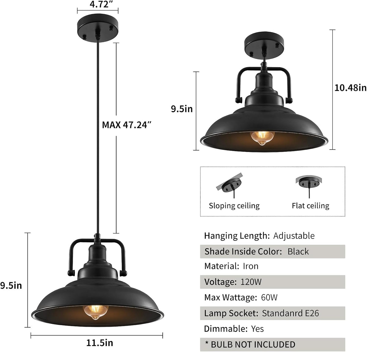 black pendant light 12.5 inches 3 packs, farmhouse, front angle view