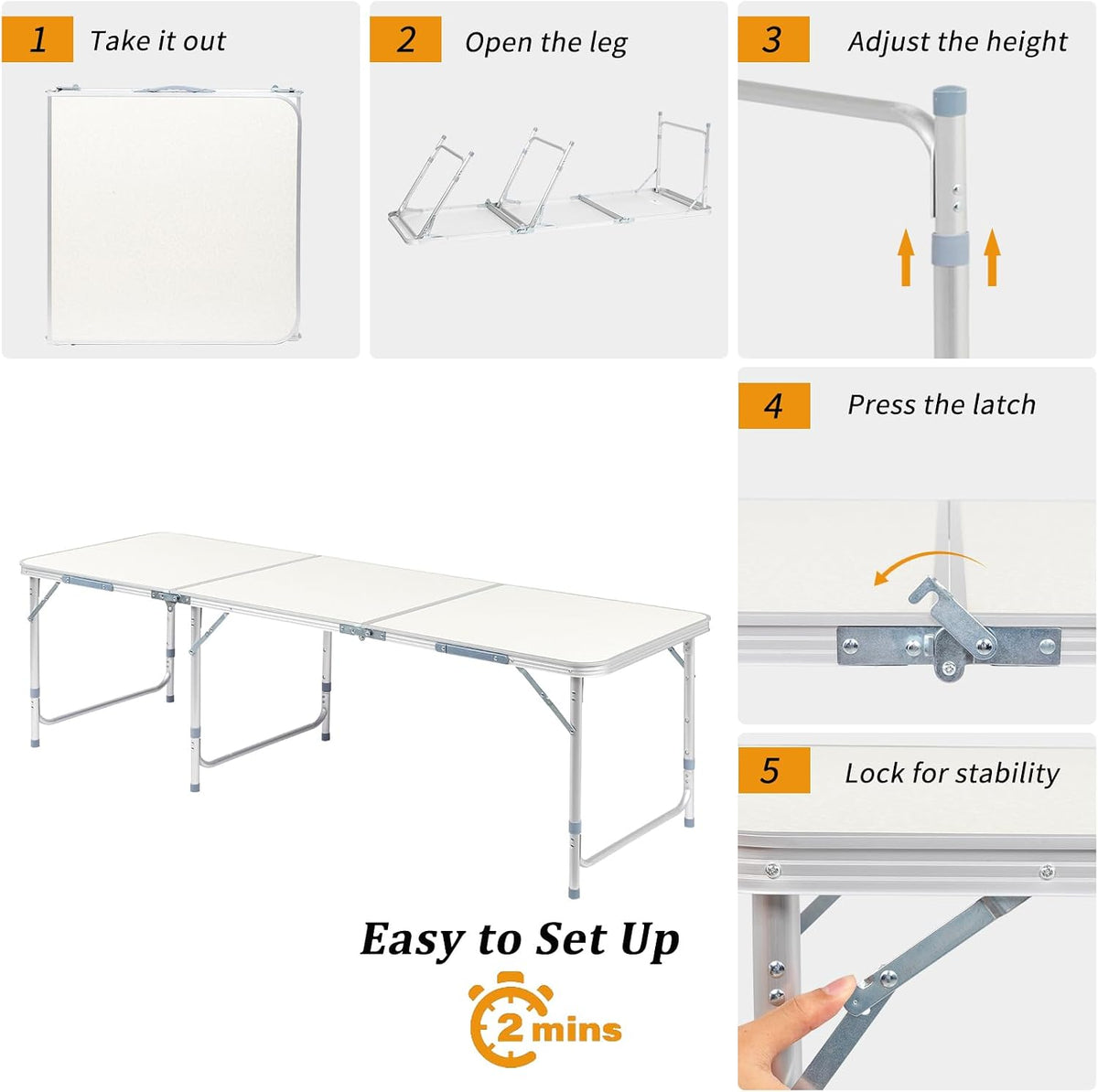 6.0 Ft Folding Portable Camping Table, White