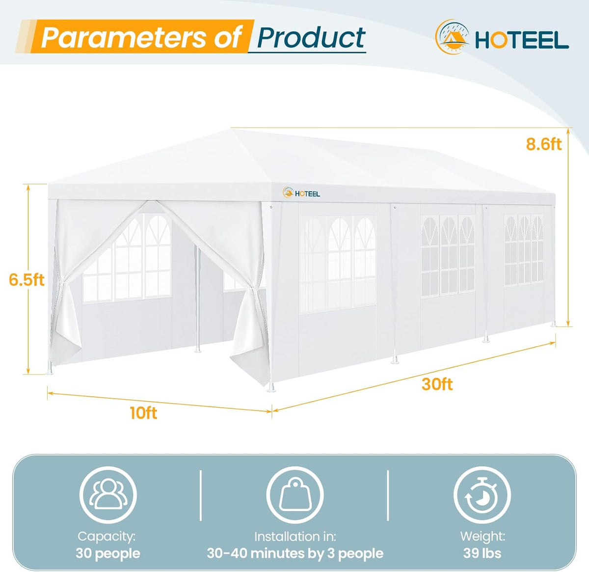 HOTEEL Party Tent 10x30FT, Outdoor Canopy Tent, White