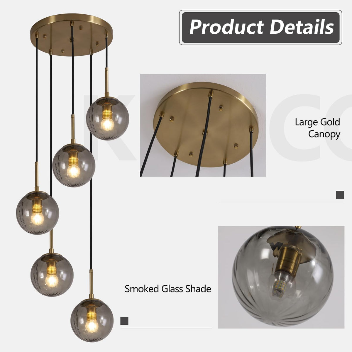 kco gold 5-light smoke gray ribbed glass globe, side view