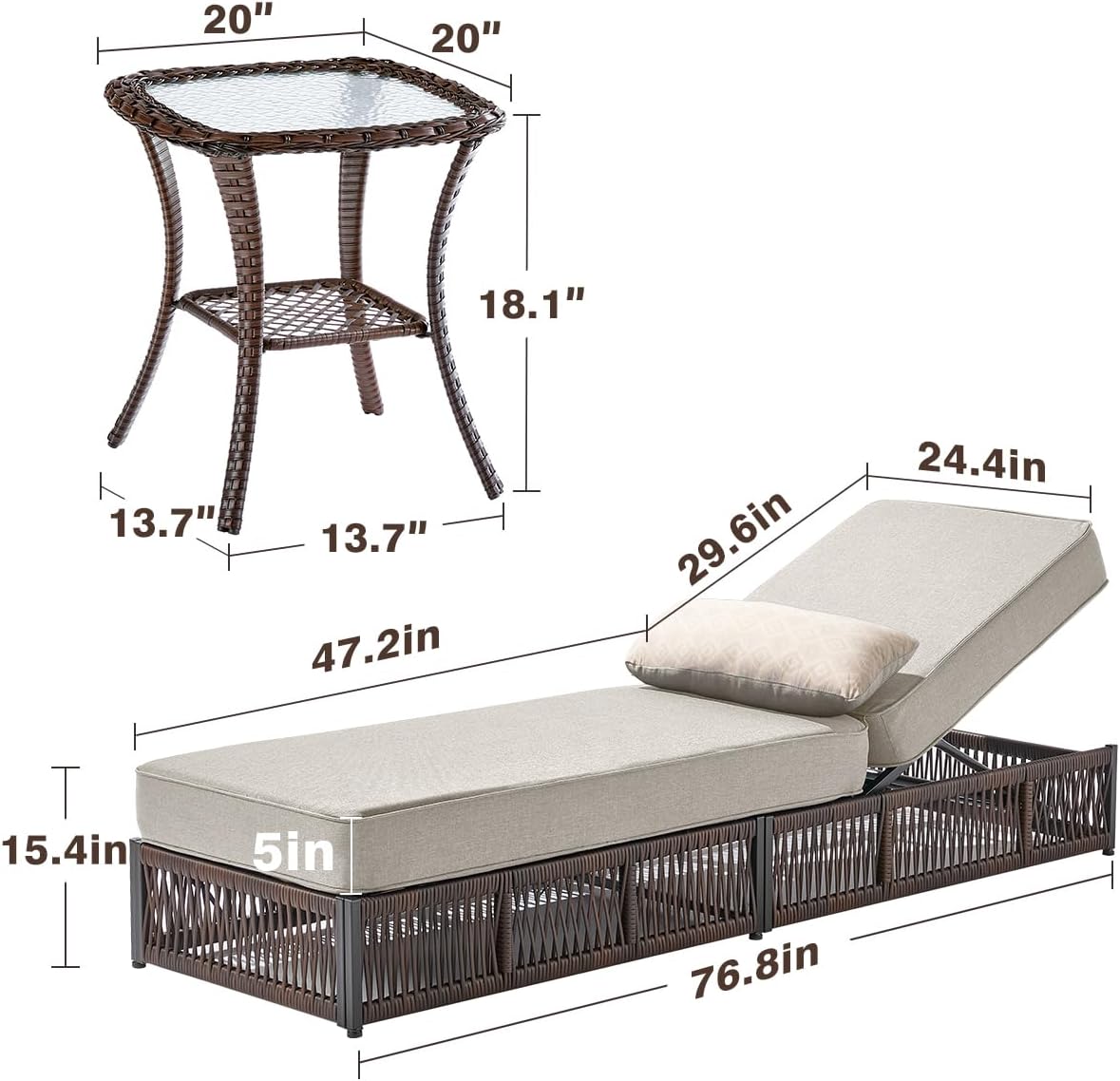 Luxury Outdoor Chaise Lounge Chairs of 4 with 5 Inch Thick Cushions and Side Table - 6 PCS High Back Brown Wicker Rattan Patio Recliners Lounger Furniture Set for Poolside Sunbathing - Beige