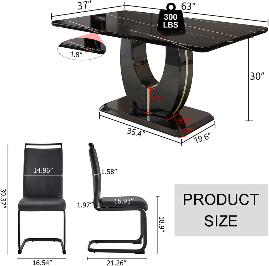 JUFU Modern Dining Table Set for 6,Rectangula Kitchen Table Set with Faux Marble Tabletop＆6 Pu Leather Upholstered Chairs Ideal for Dining Room, Kitchen