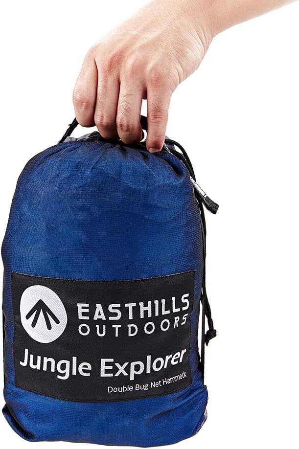 Easthills Outdoors Jungle Explorer 118" x 79" Double Camping Hammock Lightweight Rip-Stop Parachute Nylon 2 Person Hammocks with Removable Bug Net, Tree Straps and Tarp Blue