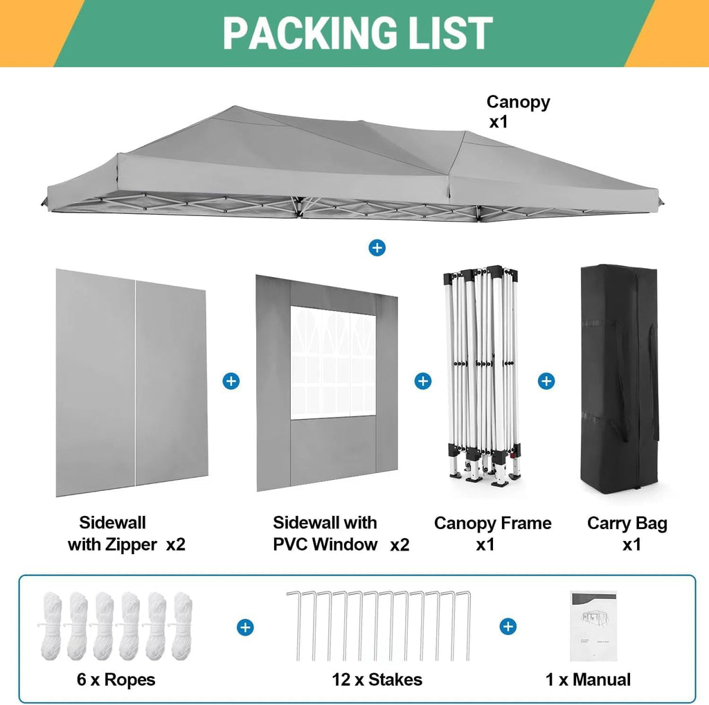 COBIZI 10x20 Pop Up Canopy with 6 Sidewalls, One Push Easy Setup, Gray