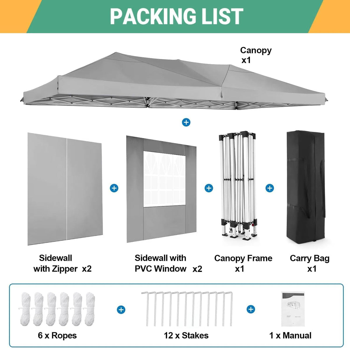 COBIZI 10x20 Pop Up Canopy with 6 Sidewalls, One Push Easy Setup, Gray