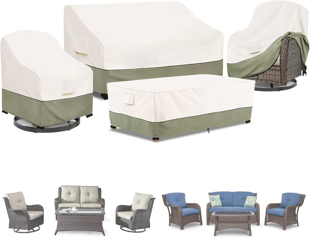 Bitubi Outdoor Waterproof Patio Furniture Covers 4-Piece Set for Swivel Rocker Chairs, Patio Loveseat 58in, Coffee Table 48in, Heavy Duty 600D Tough Canvas, Beige