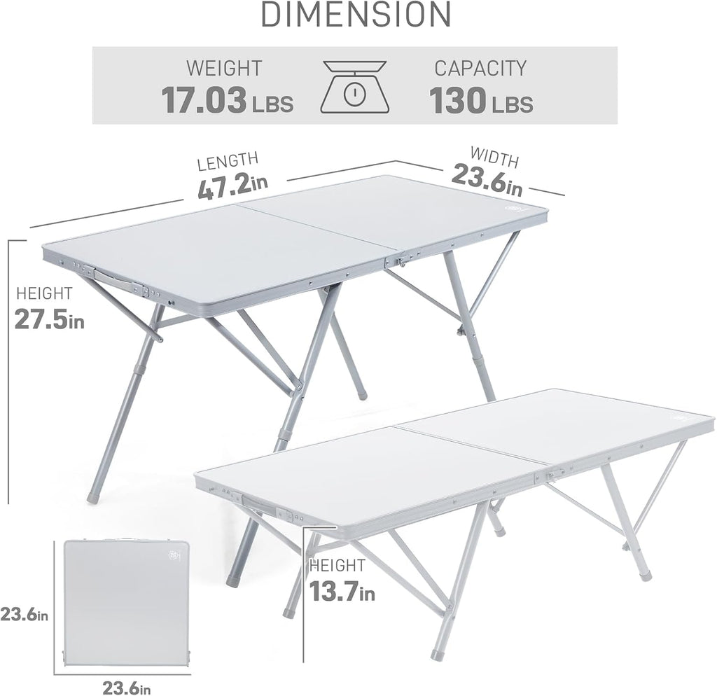EVER ADVANCED Large Camping Table for 4-6 Person, Portable Folding Aluminum Table with Carrying Handle, Suitable for BBQ, Picnic, Camping and Indoor Use, Support up to 130LBS, Silver