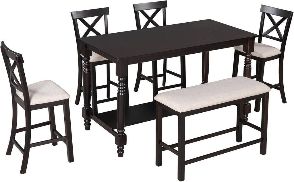 Merax 6-Piece Counter Height Dining Table Set, Solid Wood Kitchen Dining Room Table Set with Chairs and Bench, 60 in Triangular Design Bar Table with Storage Shelf, Espresso
