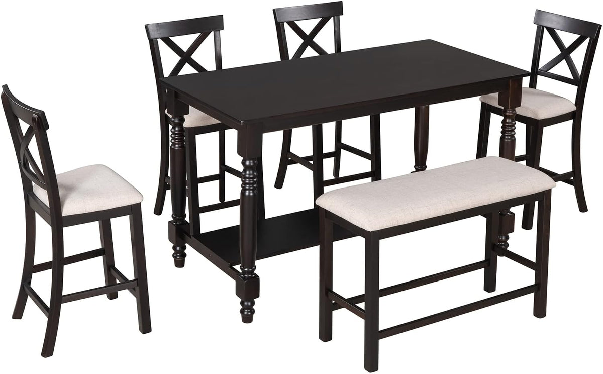 Merax 6-Piece Counter Height Dining Table Set, Solid Wood Kitchen Dining Room Table Set with Chairs and Bench, 60 in Triangular Design Bar Table with Storage Shelf, Espresso