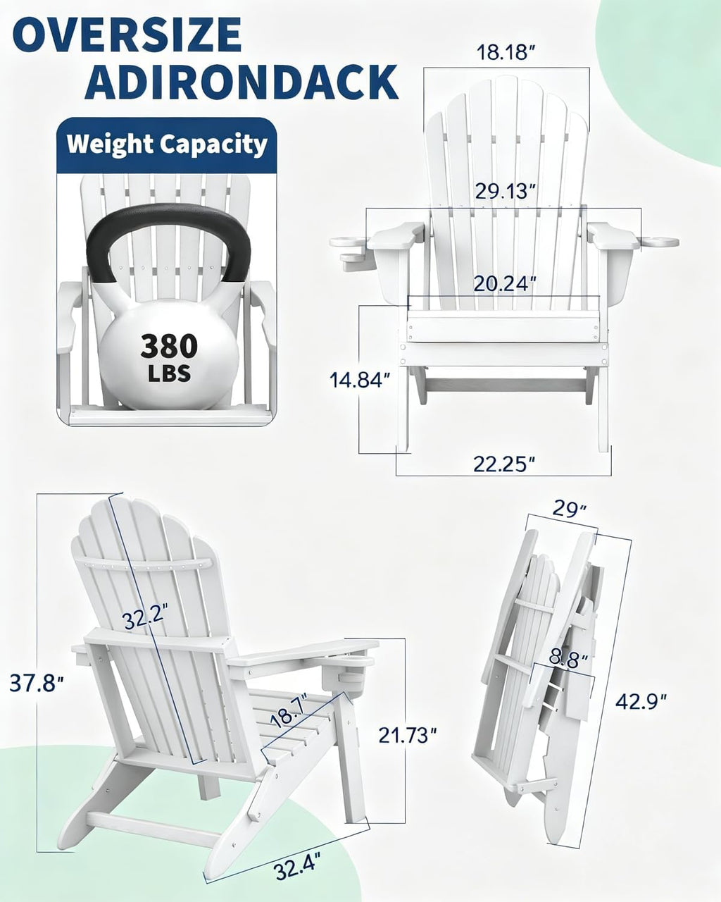Plawdlik Oversized Folding Adirondack Chair, HDPE All-Weather Patio Chair with 2 Cup Holders, High Back Wide Seat Fire Pit Chair for Outdoor Lawn Garden, White (Set of 2)