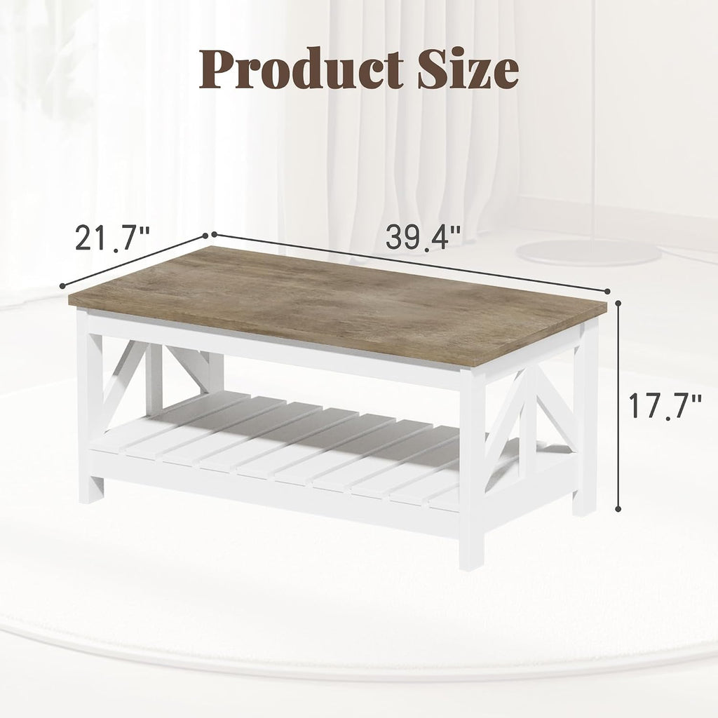 JUMMICO 39” Farmhouse Coffee Table for Living Room, Gray & White