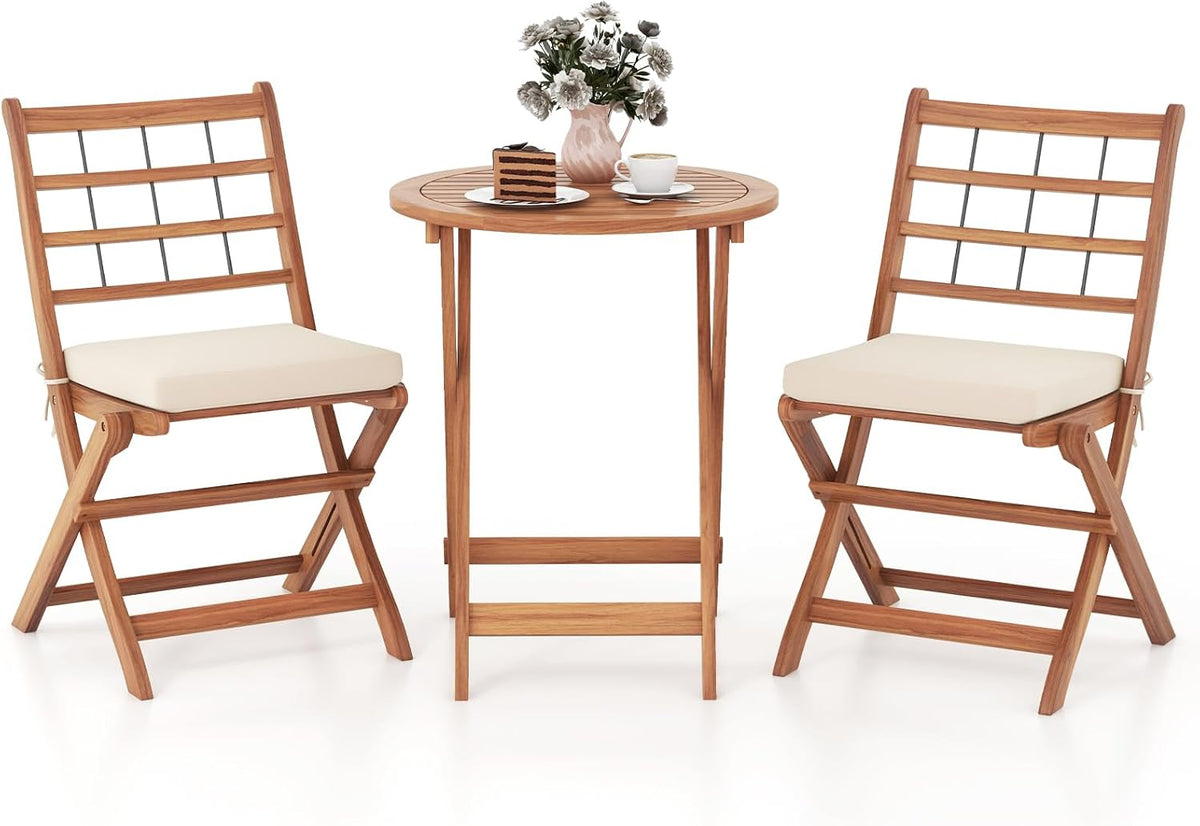 HAPPYGRILL 3 Pieces Acacia Wood Patio Bistro Set, Folding Outdoor Table and Chairs Set with Cushions, Outdoor Patio Furniture Set for Porch, Balcony, Deck, Garden, Backyard