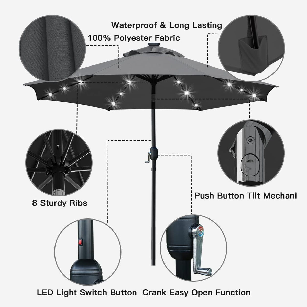 Sunnyglade 9' Solar LED Patio Umbrella, 8 Ribs, Tilt & Crank (Grey)