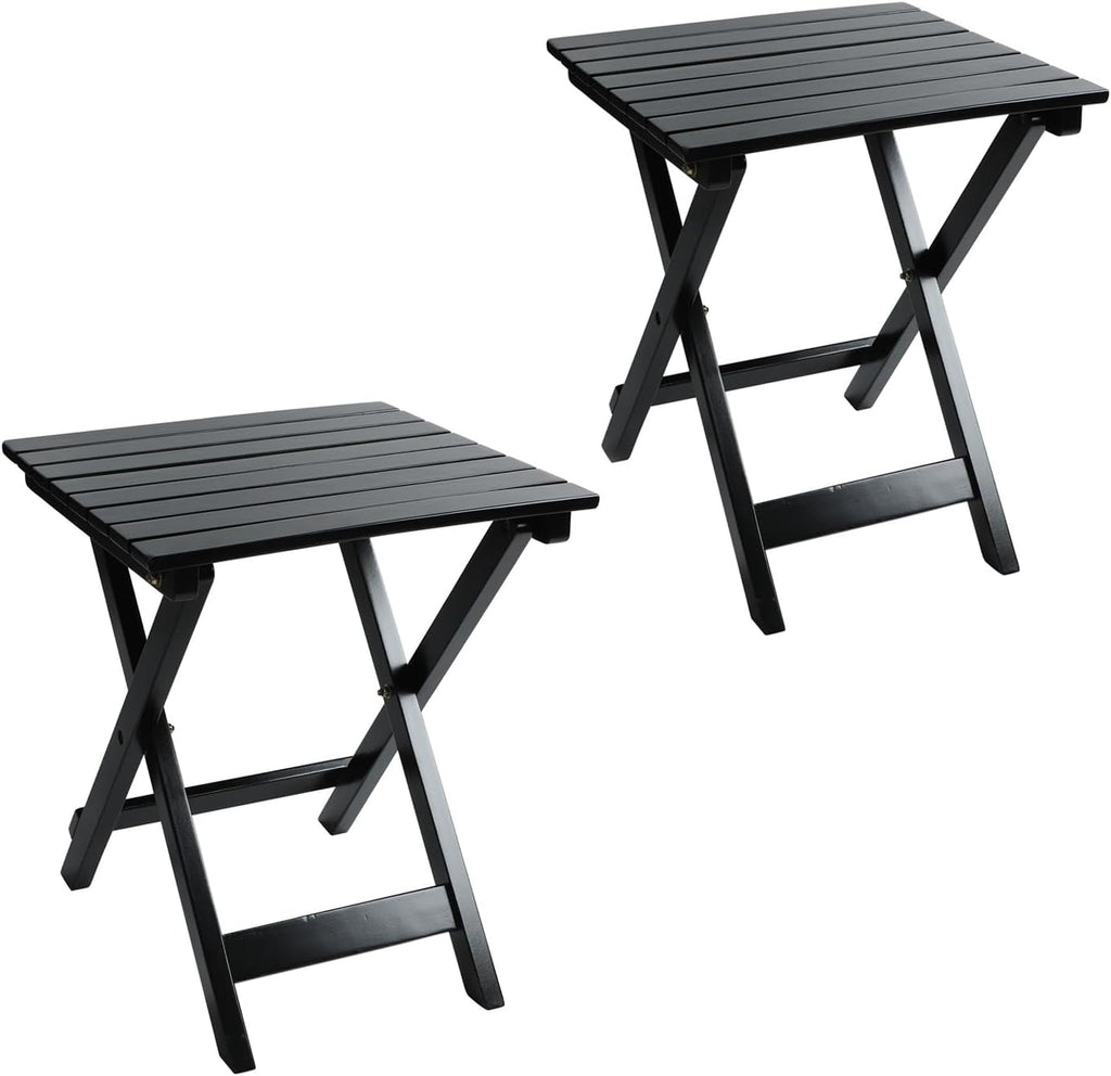Outdoor Wooden Side Table, Folding Patio End Table Set of 2, Small Square Furniture Table for Adirondack Chair, Balcony, Porch, No Assembly, Black