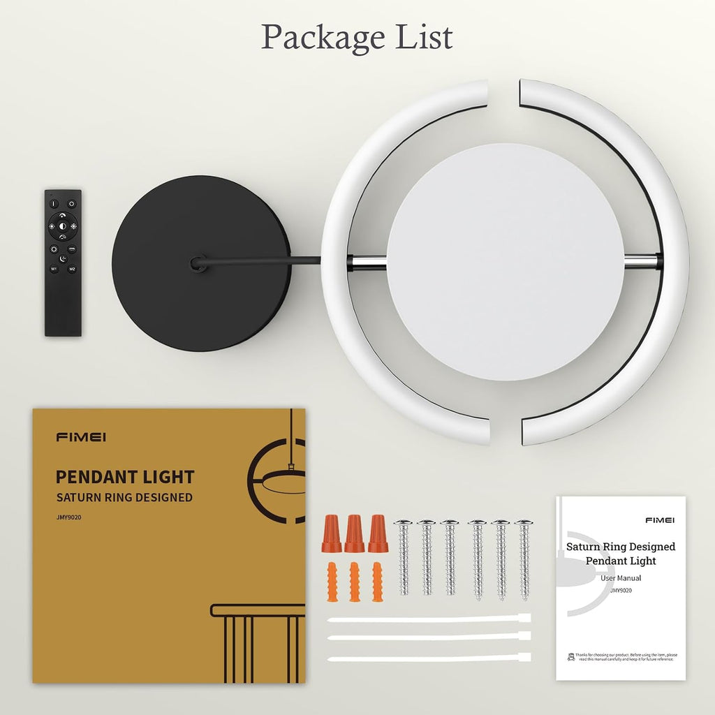LED Saturn Pendant Lights, 3000-6000K Dimmable with Remote, Black, 1-Pack