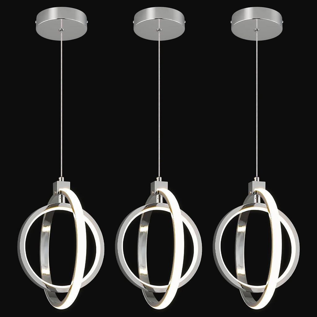 Modern LED Chandelier Chrome Ring Pendant Light Fixtures 4000K Dimmable Height Adjustable Pendant Lighting for Dining Room Kitchen Island Bedroom Living Room Foyer（Chrome Round 3-Pack）