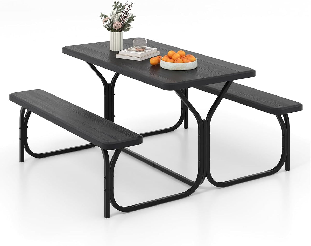 S AFSTAR Picnic Table, 59” Plastic Picnic Table with Benches, Steel Frame & Wood-Like Texture Tabletop, Expanded Rectangular Camping Table Chair Set for Garden Patio Lawn Deck (Black)