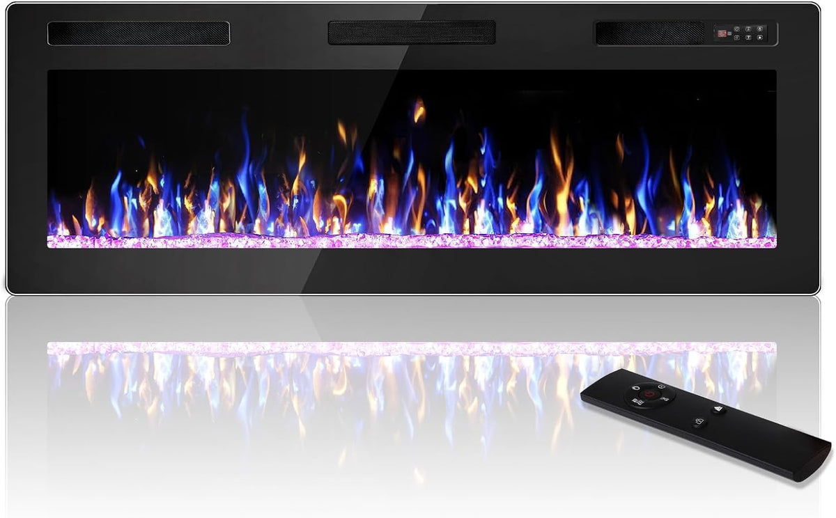 50 Inch Electric Fireplace, Ultra Thin Fire Places Electric Fireplace Inserts Recessed and Wall Mounted with Remote Control & Button Panel, 750W/1500W Fireplace Electric Heater with Timer, Multi-Flame