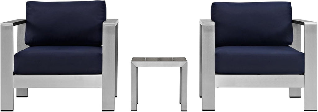 Lexmod Modway Shore 3-Piece Aluminum Outdoor Patio Furniture Set in Silver Navy