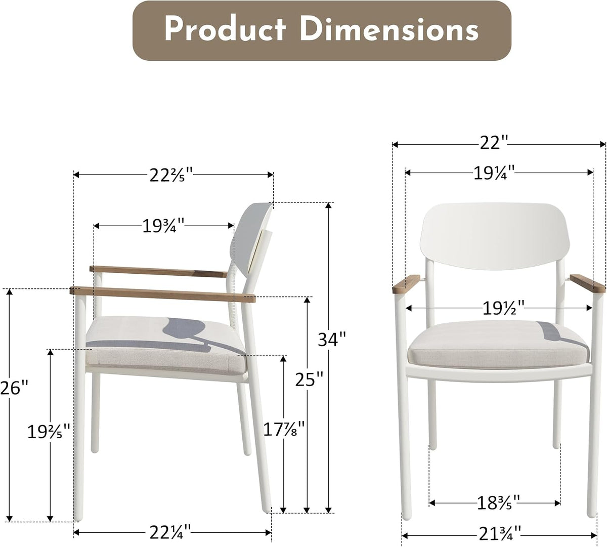 Modern Shade Luxury Outdoor Dining Chairs Set of 4, Fade Resistant, All-Aluminum Outdoor Chairs with FSC Teak Wood Armrests, Weather-Resistant Patio Chair with Quick Dry Cushion, White