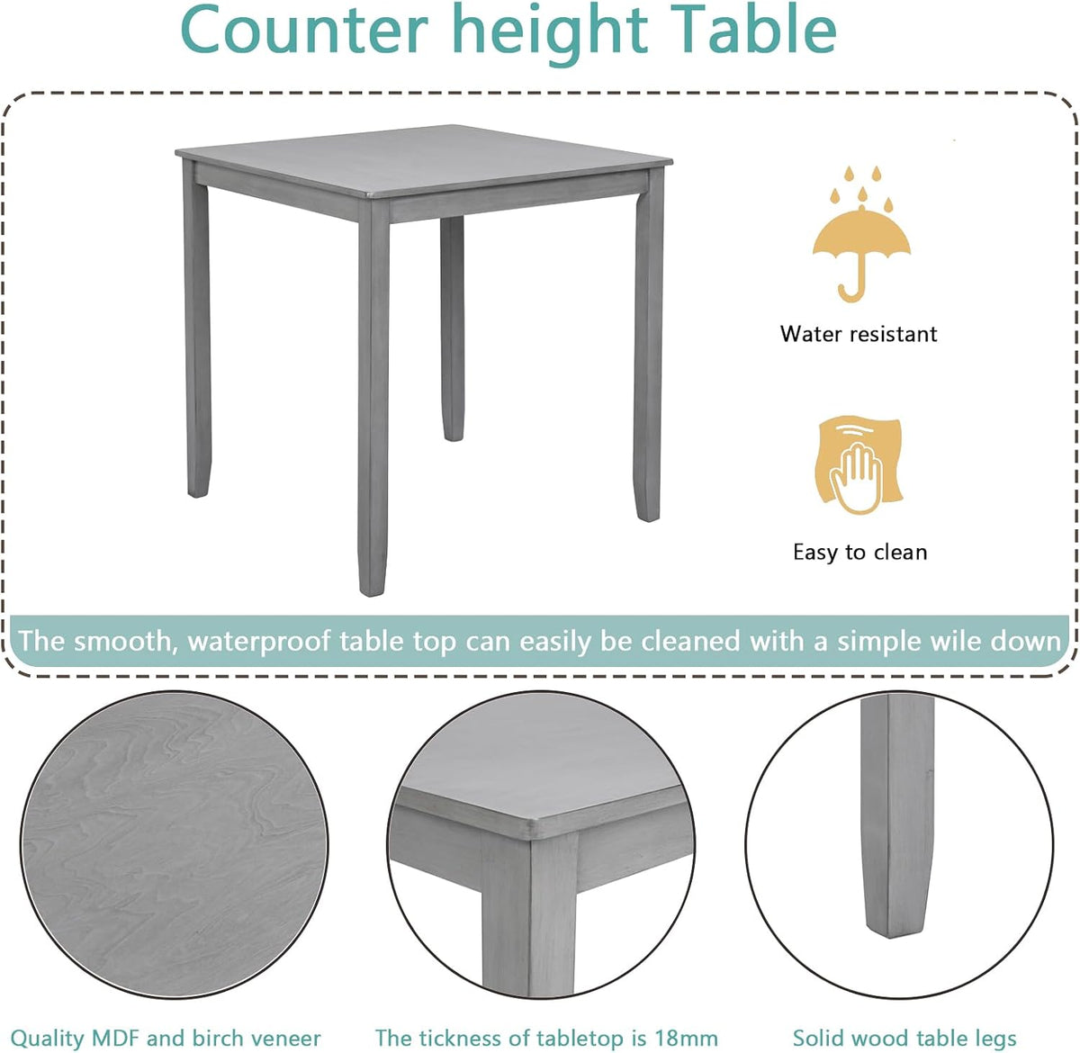 LUMISOL 5-Piece Dining Table Set for 4, Farmhouse Counter Height Kitchen Dining Table Set with 4 Upholstered Chairs for Kitchen, Dining Room, Home Bar, Grey