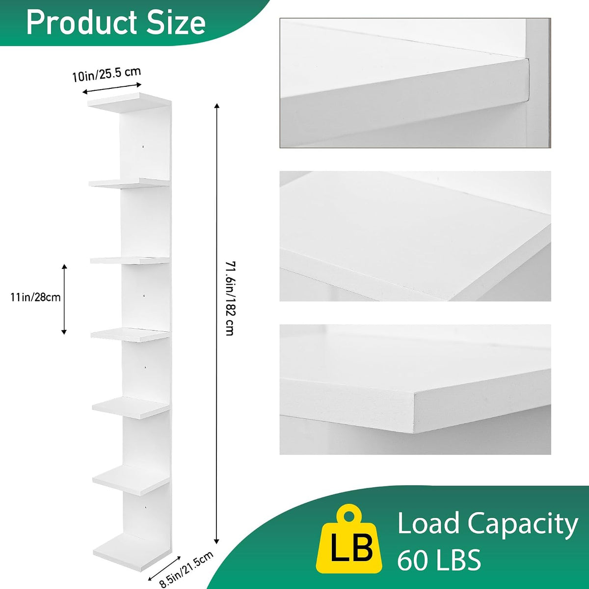 7 Tier Wall Shelf Unit,Vertical Column Floating Storage Home Decor Organizer,Lack Wall Shelf for Bedroom,Living Room,Office Decor-White -1 Pack