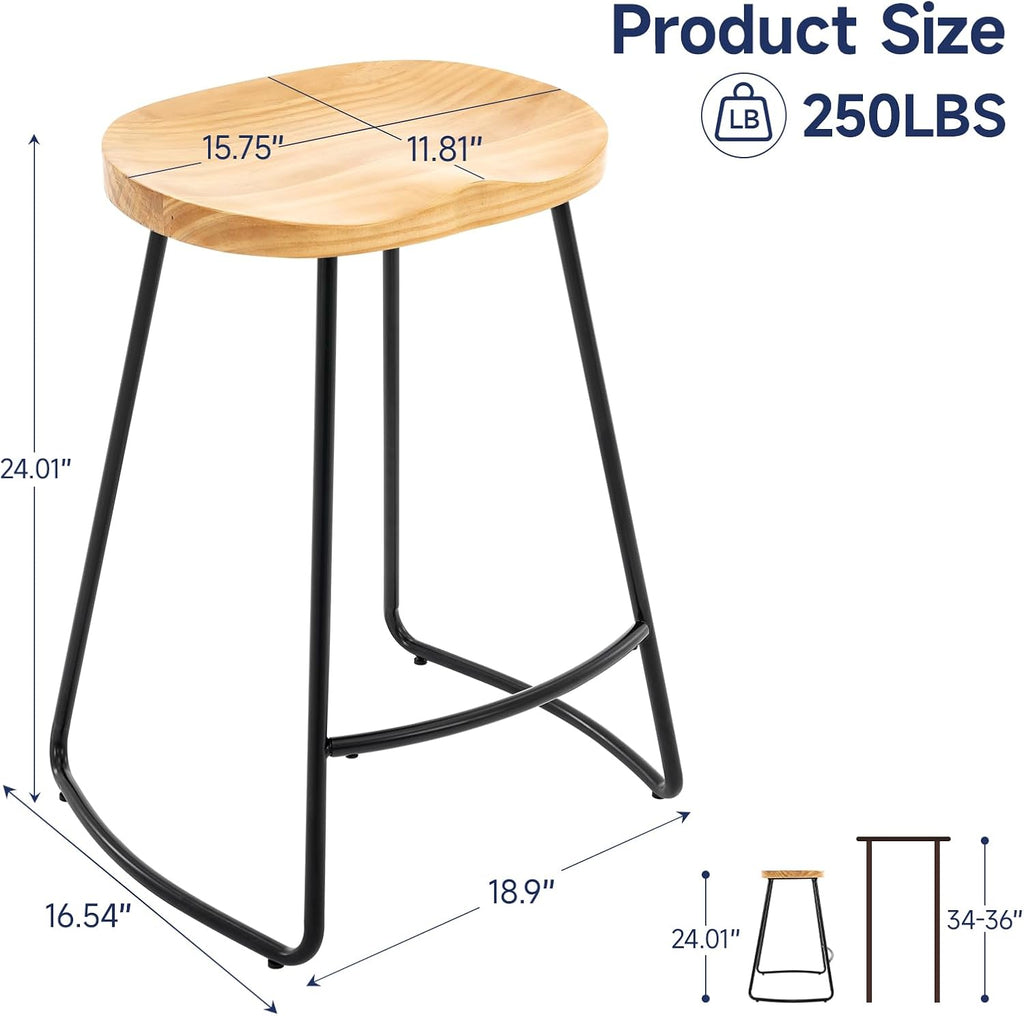 Bar Stools Set of 2, 24'' Counter Height Rustic Wooden Saddle Seat Natural