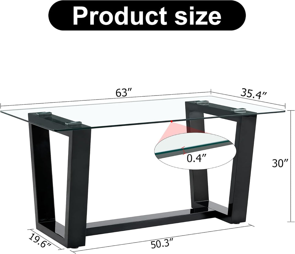 Ebullient Glass Dining Table, Modern Dining Table, 63" Tempered Glass Tabletop with Black MDF Trapezoid Legs, Rectangle Kitchen Table for 4-6 Person, Ideal for Kitchen, Dining Room, Home, Apartment