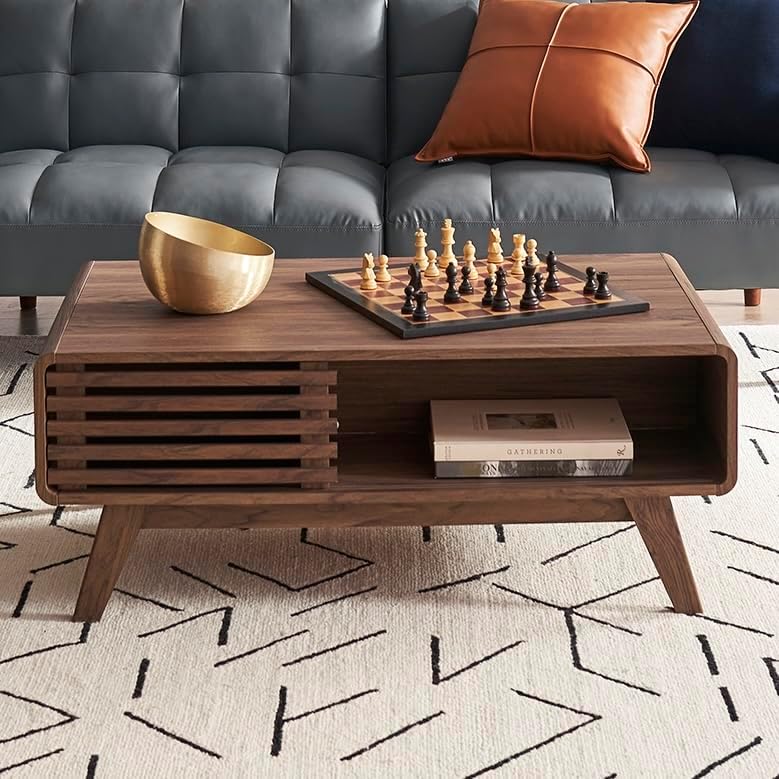 mopio Ensley Dual-Side Storage Coffee Table – Mid Century Modern Fluted Wood Table with 4 Compartments for Living Room Organization, Curved Safety Edges, Tapered Legs (Walnut, 39.2" W x 23.2" D)