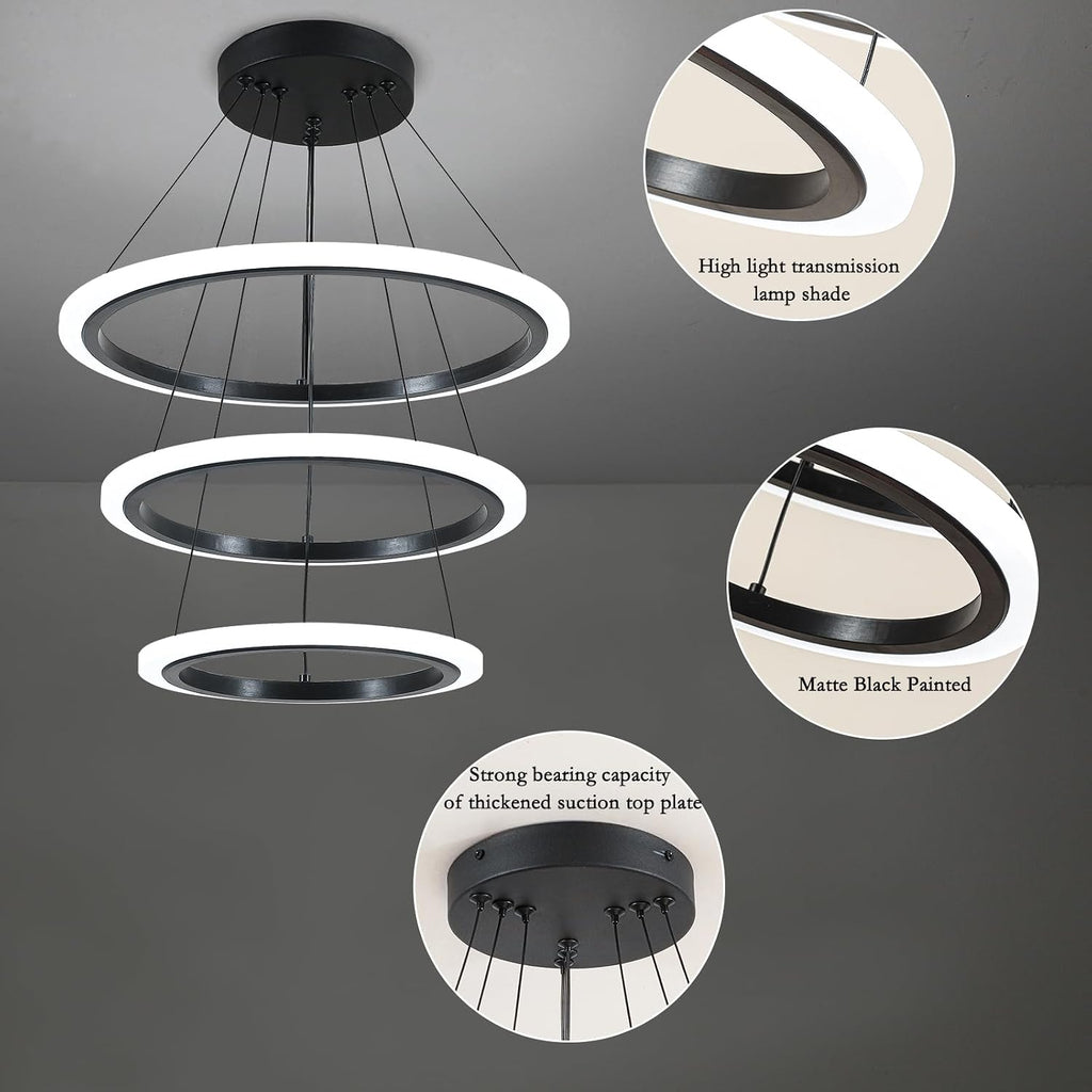 O'NEELDY Modern 3 Ring LED 52W Black Pendant Light with Irregular Ring Lights Adjustable Hanging Lamp for Dining Room Bedroom Kitchen Island Cafe