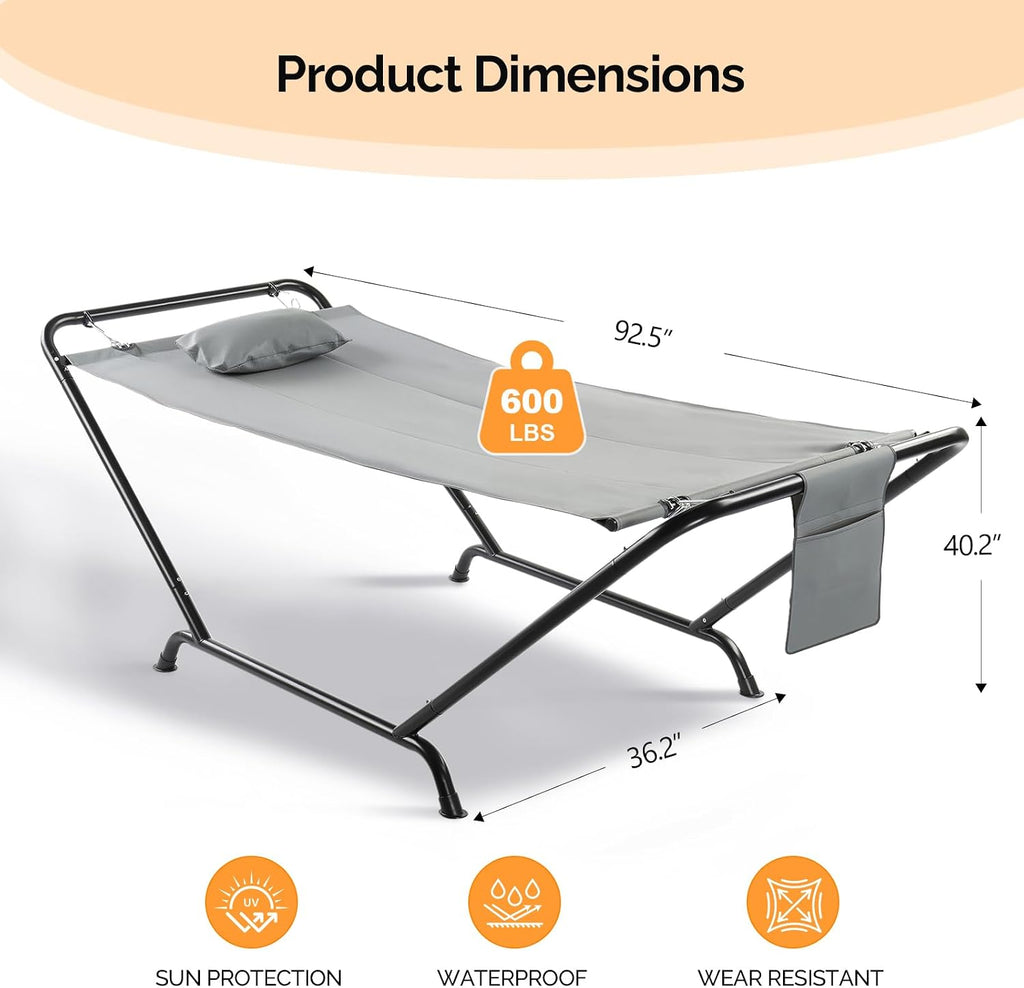 ONCLOUD Freestanding Hammock with Stand, 600LBS Heavy Duty Outdoor Hammock, Safety Cofy Outdoor Hammock with Stand, 4 Point Hammock Bed for Yard, Patio,Bedroom- with Soft Pillow & Storage Bag (Grey)