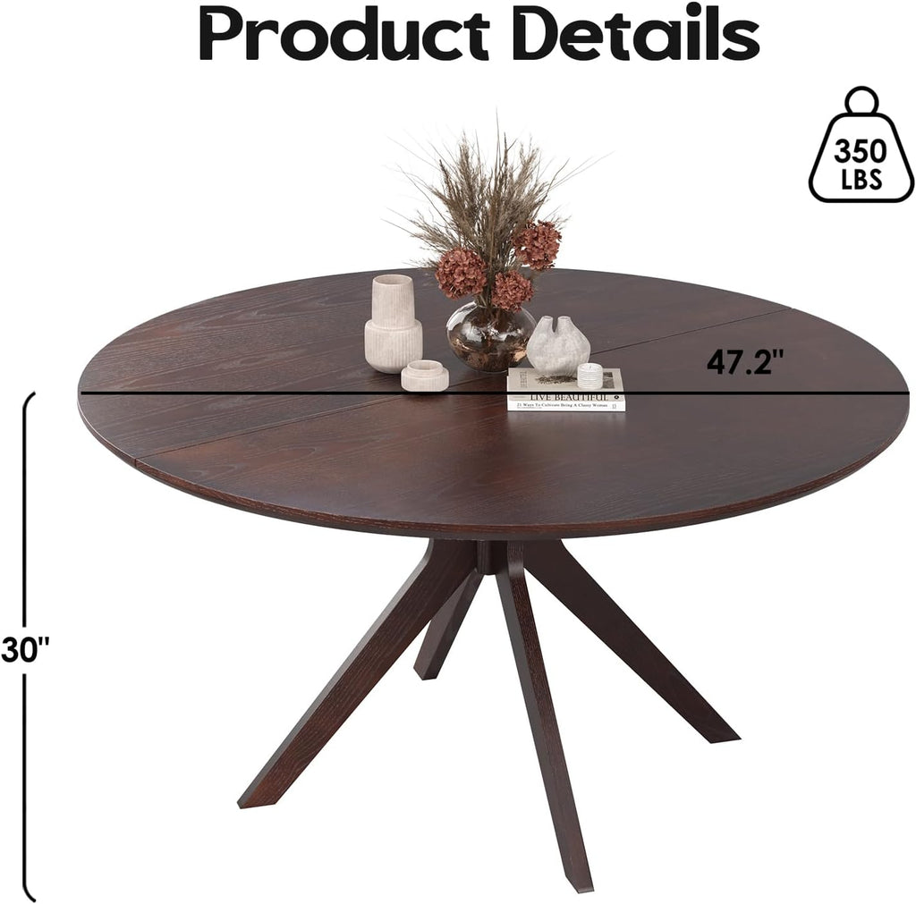 Soohow 47.2" Solid Wood Round Dining Table for 4-6 People with Intersecting Pedestal Base, Circle Kitchen Tables for Dining Room, Kitchen, Walnut
