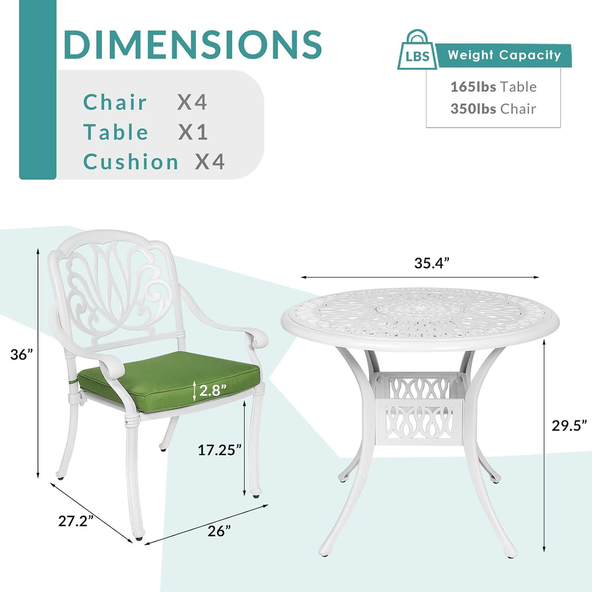 MEETWARM 5 Piece Patio Dining Set, Outdoor All-Weather Cast Aluminum Dining Table Set, Patio Furniture Set, Include 4 Chairs, 4 Cushions and 1 Round Table with Umbrella Hole, White