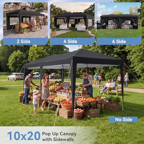 10x20 Pop Up Canopy Tent with Sidewalls, One-Push Instant Setup Waterproof Outdoor Canopy, 3 Adjustable Height Portable Canopy for Outdoor Events, Wedding, Market Stall