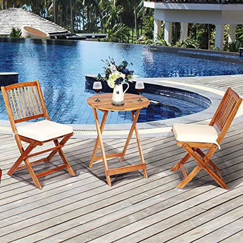 FANTASK 3 Pieces Folding Acacia Wood Bistro Set, Patio Furniture Set with Cushions & 1 Round Table, Indoor Outdoor Bistro Table and Chairs Set of 2 for Patio, Garden, Poolside, Porch, Lawn (Beige)