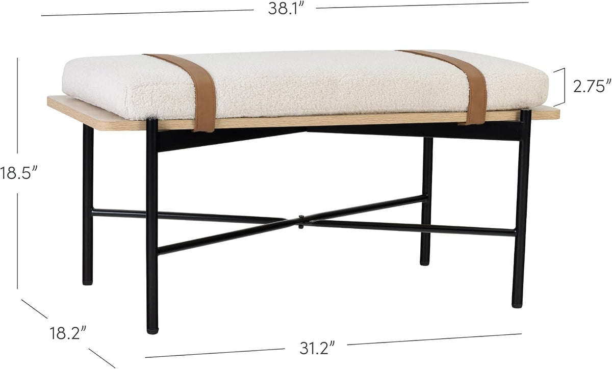 Nathan James Thatcher Upholstered Entryway Bench with Removable Boucle Cushion, Vegan Leather Straps, and Matte Black Metal Legs