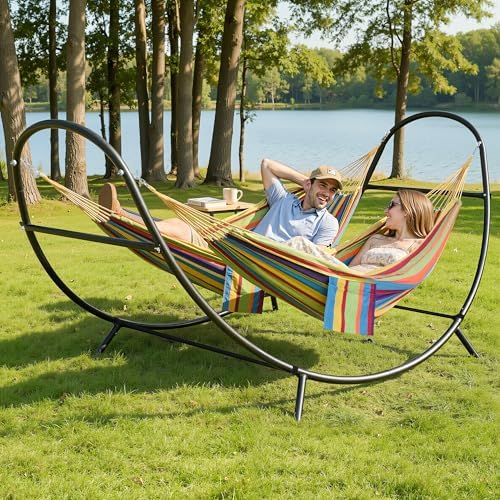 SUNCREAT Hammocks for Outside with Stand, Porch Hammock and Stand, 475 lbs Capacity, Patent Pending, Rainbow